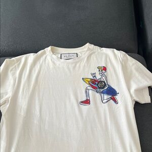 Philipp Plein White Short Sleeve Tee with Multicolor Surfing Skeleton Graphic